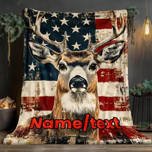 Custom 1Pc Custom Name, Flag Deer Printed Blanket Lightweight Flannel Throw For Sofa, Travel, Office, Couch, Chair, And Bed - Digital Printing Fleece Blanket With Soft And Warm Flannel Fabric, Gifts For Family Or Friend Gift