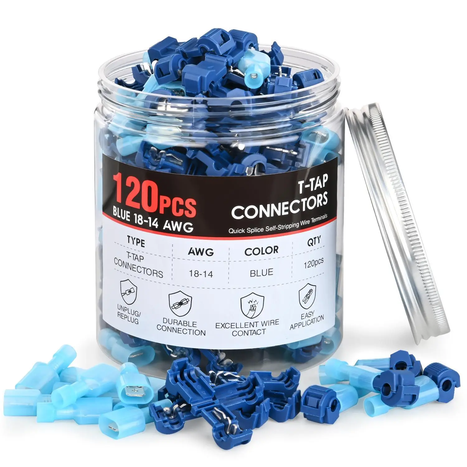 Nilight 60 Pairs (120PCS) Durable T-Tap Connectors Kit, 16-14 AWG Blue Fully Insulated Tinned Copper Self-Stripping Crimp Plugs, No Need to Strip/Cut/Splice Wires, for Cars, Boat, Trailer Light, Family House Fasteners & Clips