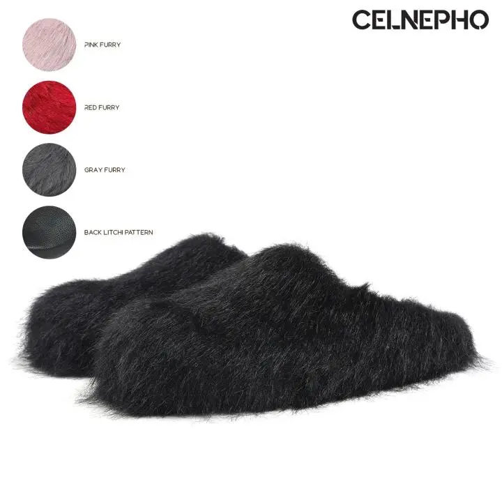 CELNEPHO Womens Faux Fur Fluffy Fuzzy Slippers Mules Round Toe Flat Heel Cozy Warm Slides Easy Slip on Comfy Plush Gifts Party Everyday Wear Outdoor Casual Trendy Fashionable Clog Slipper Dress Home Shoes