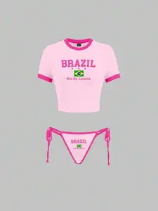 VYNCE  2pcs/Set Brazil National Flag & Letter Print Trim Short Sleeve Top And Underwear Set