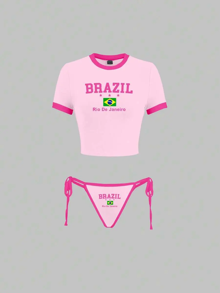 VYNCE  2pcs/Set Brazil National Flag & Letter Print Trim Short Sleeve Top And Underwear Set