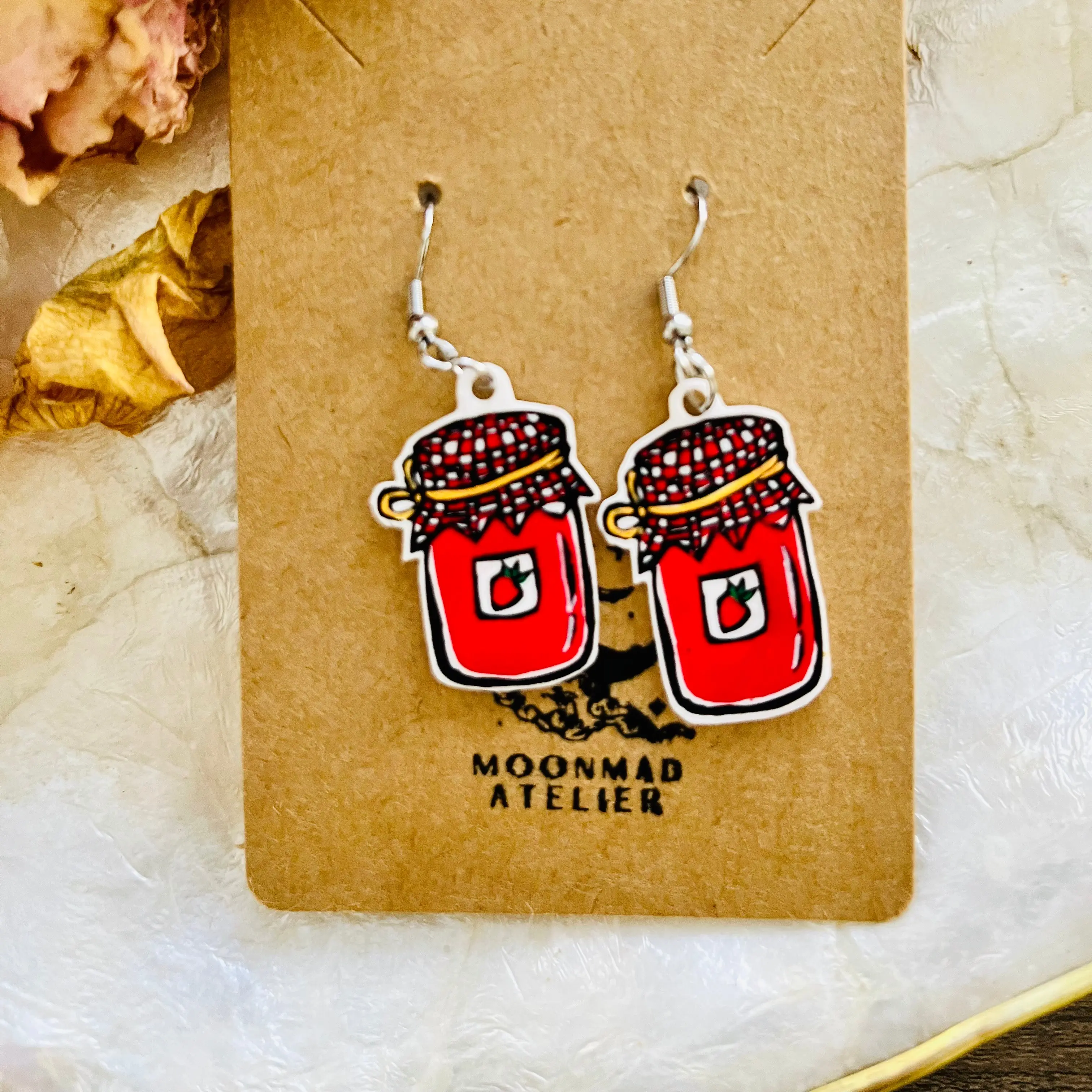 Strawberry jam dangle shrink plastic earrings - cottagecore goblincore inspired