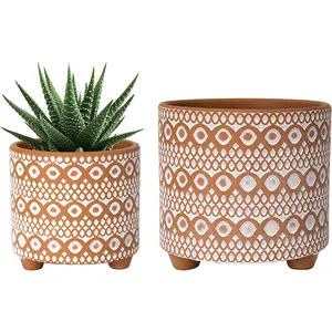 Set of 2 Terracotta Planter Pots – Boho 4" & 6" Plant Pots with Drainage Hole (Terracotta/White) D'vine Dev