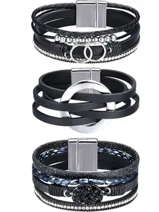 3Pcs Leather Bracelets for Women Boho Leather Wrap Bracelets Western Wrist Cuff Bangles with Magnetic Buckle Multilayer Stackable Gold/Black/Gray/Turquoise Leather Bracelet Set Trendy Stack Bangle