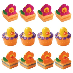2" Spring Flowers Bright Multicolor Rubber Ducks in Pots - 12 Pc.