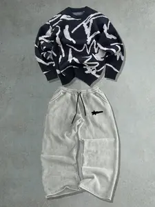 Street Casual Clothes Set Matching Unisex Knit Sweater Long Sleeve Top & Printed Pants Sweatpants Two-Piece, Fall Winter Loose Fit Fashion