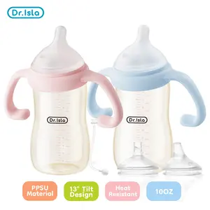 Dr. Isla PPSU 13-Degree Slanted Ergonomic Baby Bottle (10 OZ), 3-in-1 Grow Cup Set with Gravity Ball Straw, Wide Neck, Anti-Colic, BPA-Free, Heat-Sensitive Color Change Safety Feature, Neck Protection for 0-36 Months Newborns