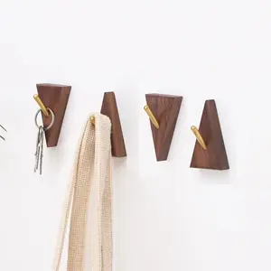 HuMe Walnut Wood Wall Brass Hooks,Modern Minimalist Decorative Hooks for Hats, Bags, Keys, Towels, Entryway & Bathroom Organizer