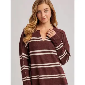 Notch-Neck Striped Knit Sweater- Chestnut