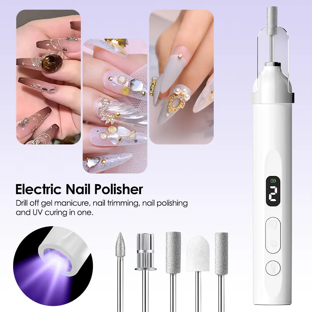 Portable Cordless Nail Polisher Grinder with Dust Shield & UV Lamp, 3 Speed 13800RPM Dual Rotation Electric Nail Drill Set with 5 Replacement Bits for At-Home Manicure