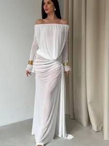 Elegant Draping See Though Material Relaxed Off Shoulder Formal Dress with Mesh Drape Fabric Detail