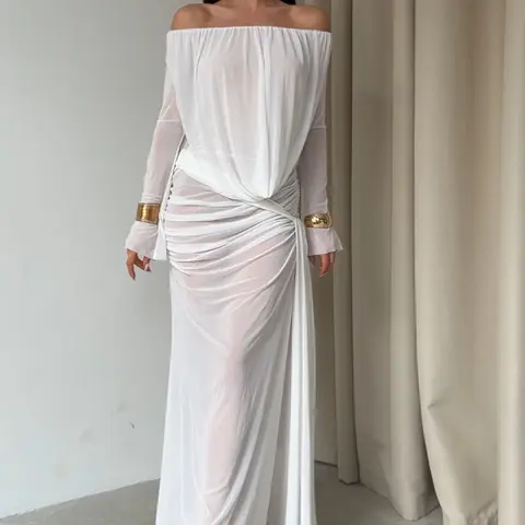 Lebellanova Women's Formal Dress - Elegance Formal Wear, Off-Shoulder, Long Sleeve, Elegant Draping, See-Through Mesh Fabric Detail, Fashion Party Dresses, Women's Clothes