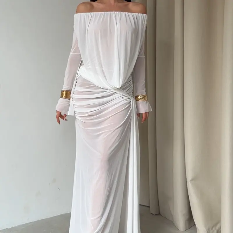 Lebellanova Women's Formal Dress - Elegance Formal Wear, Off-Shoulder, Long Sleeve, Elegant Draping, See-Through Mesh Fabric Detail, Fashion Party Dresses, Women's Clothes