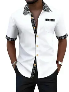 Men's Fashion Plaid Patchwork Short Sleeve Shirt, Casual Regular Fit, Spring Summer, Outdoor, Travel, Date, Commute