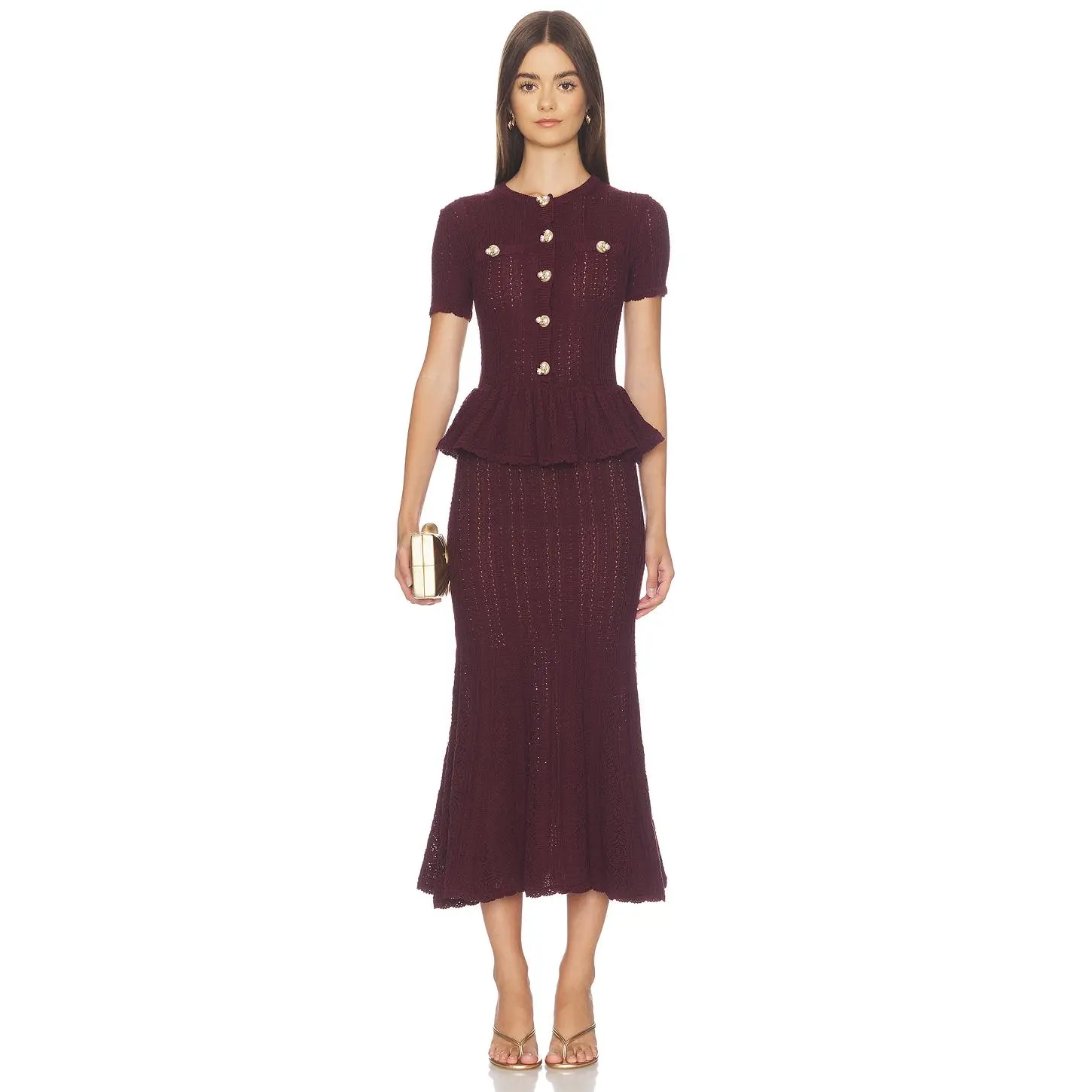 self-portrait Pointelle Peplum Knit Midi Dress in Burgundy