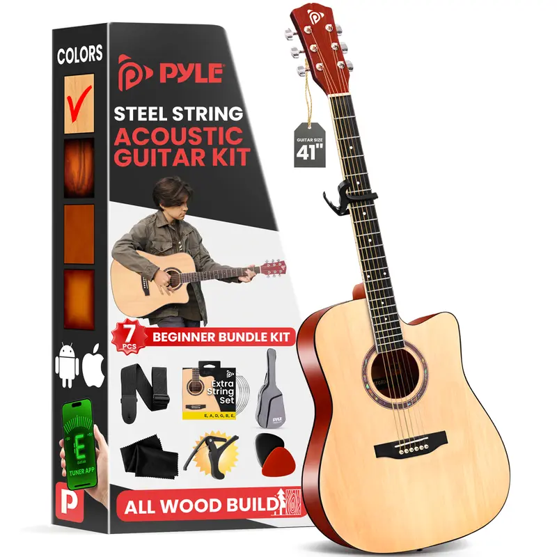 Pyle 41 in Full Size 6 Strings Steel String Dreadnought Cutaway Guitar Bundle (N2 Nature Color) - Okoume Neck, Chrome Die-Cast Machine Head, Upgraded Gig Bag, Capo, Cleaning Cloth, Accessories, Linden Wood, 0.035'' Thickness - Ideal Gift for Musicians
