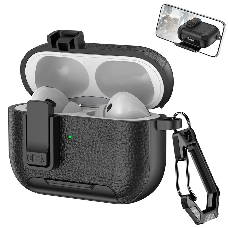 Leather-TPU Rugged Shockproof Hard Shell Case for 1-4th Gen & Pro Wireless Audio Headphones, Magnetic Automatic Lock, Dustproof Silicone Protection, Detachable Handheld Keychain Clip, Qi-Chargeable Port Access (Mother’s Day Gift)