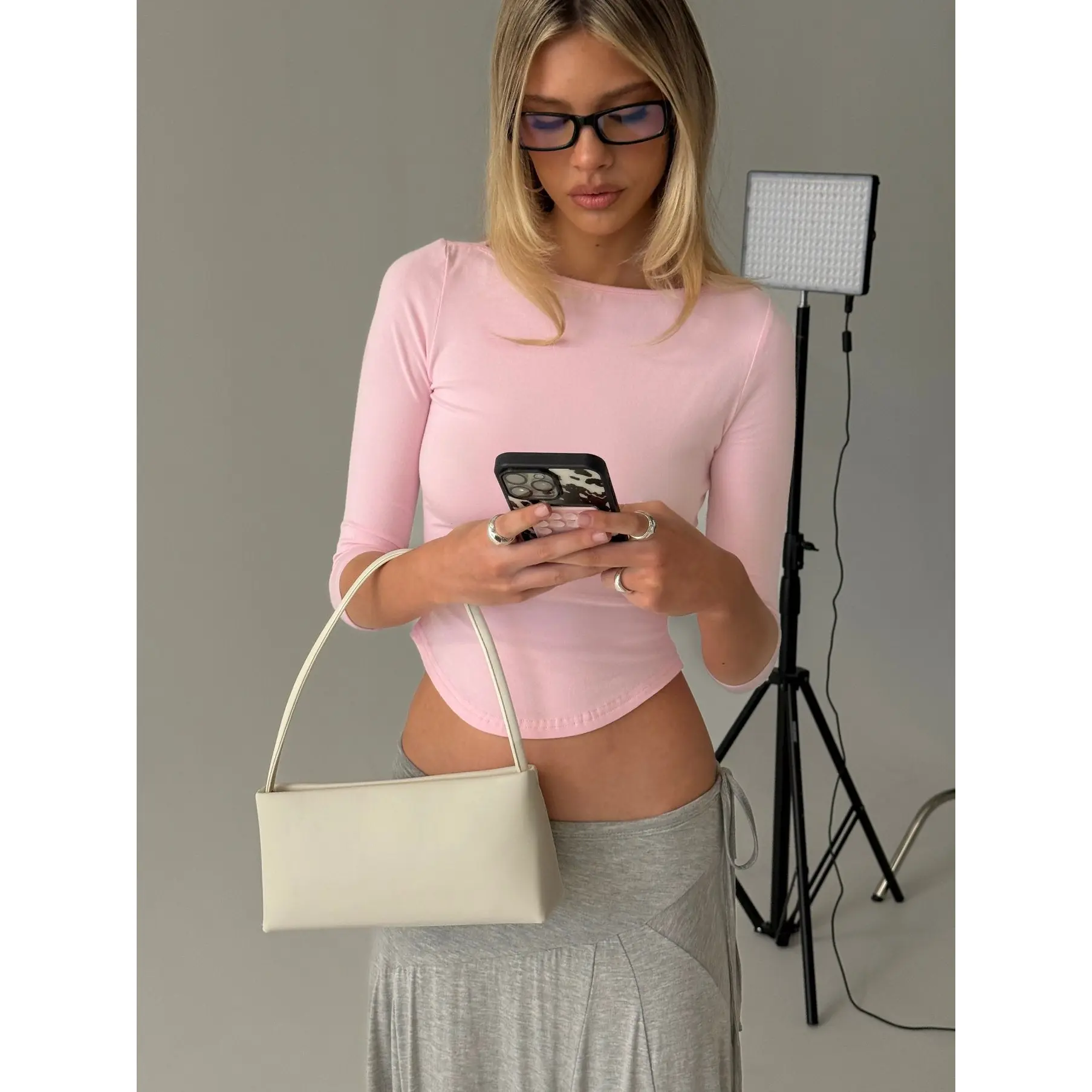 Myaah 3/4 Sleeve Curved Hem Top Pink
