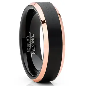 Mens Tungsten Wedding Band Ring Black Rose Goldtone Edges 4MM 6MM 8MM Sizes 5-13