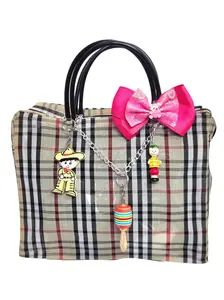 Nail Extravaganza Women's Handcrafted Beige Striped Synthetic Handbag #5 - Red Bow, Cute Keychains, Elegant Sling Design for Everyday Use & Special Occasions