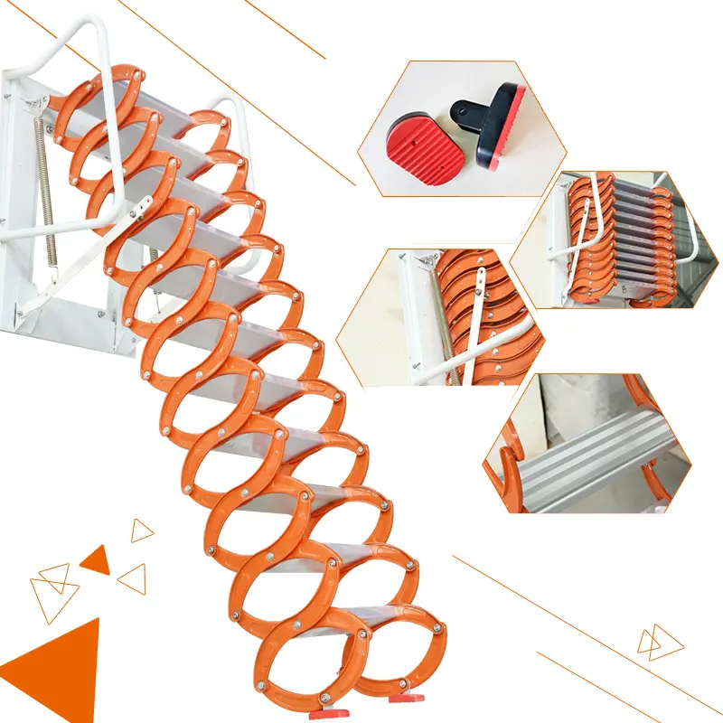 Yokoma Orange Wall Mounted Loft Wall  Stairs Size27.56'' x 27.56''Aluminum magnesium alloy folding  Height 9.84 feet Weight bearing 500 lbs   foldable ladder telescoping ladder step stool