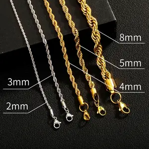 Trending Hip Hop Stainless Steel Braided Chain Choker, 2-8mm Thickened and Densified, Color Retention Electroplated Twisted Rope Necklace for Everyday Wear