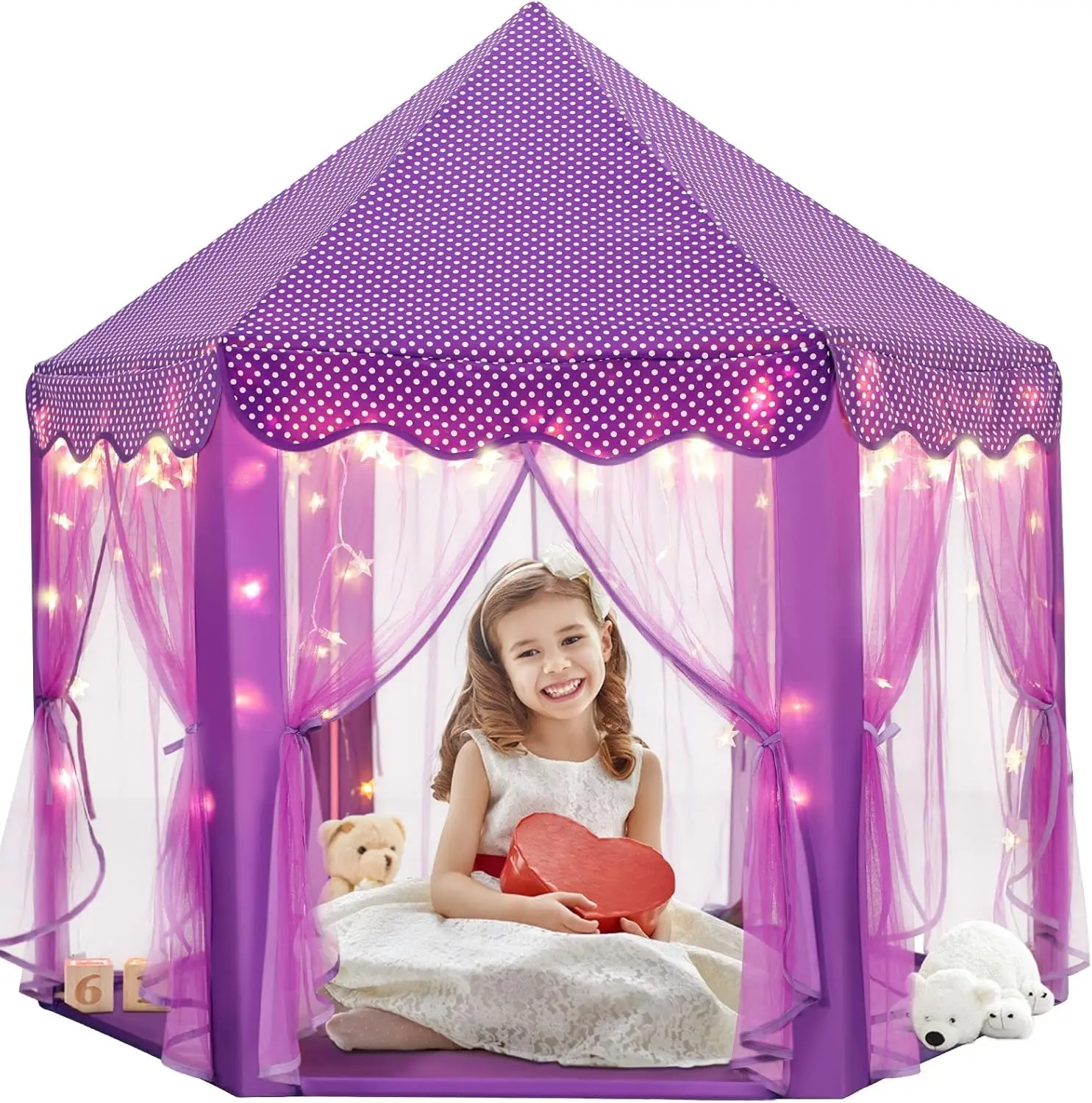 Large 55"x53" Princess Tent for Kids Toddlers, Portable Pink Castle Playhouse with Star Lights, Durable Hexagon Play Tent for Indoor Bedroom Backyard Outdoor, Easy Clean Pretend Play Toy Fort for Girls Ages 2-7 beach fun