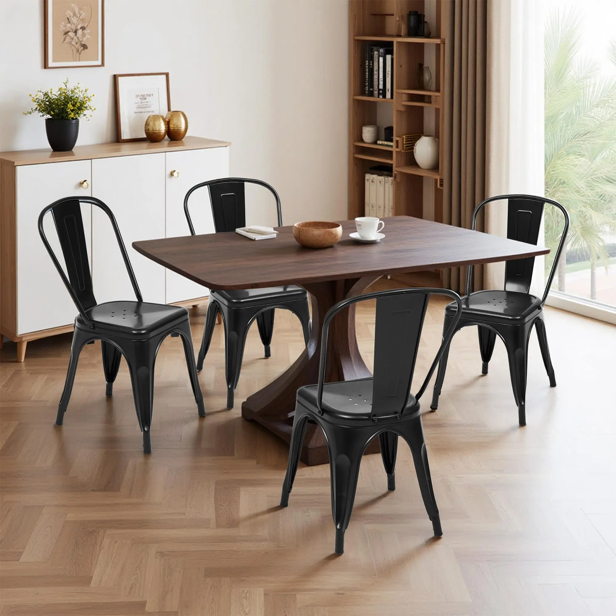 Metal Dining Chairs Set of 4, Stackable Industrial Style Chairs with 300 lbs Weight Capacity, No Assembly Required, Kitchen Chairs for Indoor Outdoor Use