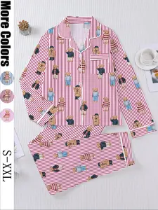 Women's Fall Winter Pajama Set, Cute Bear Print, Comfortable Long Sleeve Lapel Top & Elastic Pants, Casual Home Wear, Loungewear, Ladies Sleepwear Series, Pjs