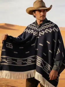 Classic Western Cowboy Style Shawl Wrap for Men, Perfect for Travel & Photography, Fringe Design, Non-Elastic Fabric, Outdoor Adventure
