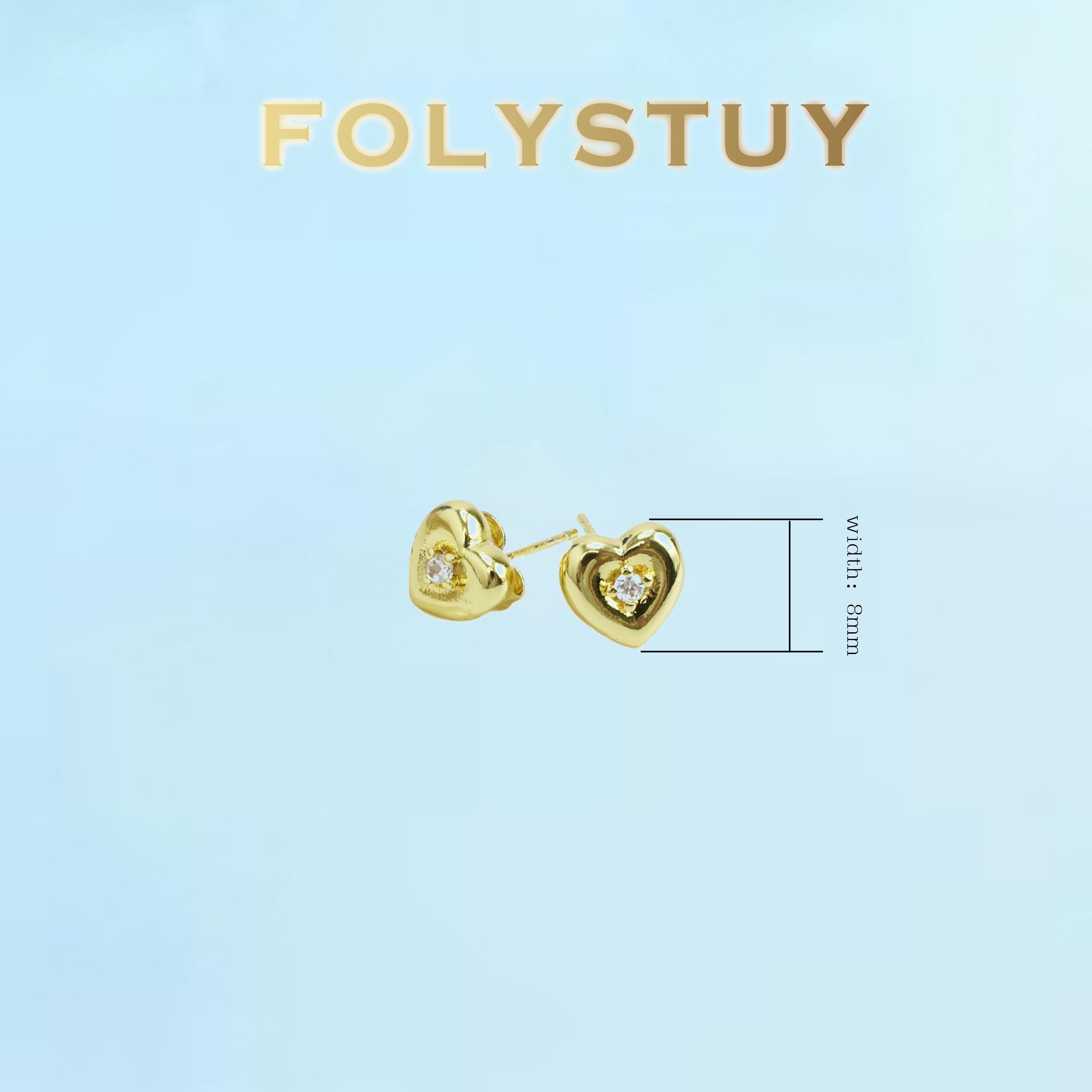[FOLYSTUY (C122)]8mm Heart Stud Earrings with Tiny Crystal, Dainty Love Shape CZ Earrings for Women, Romantic Everyday Wear Jewelry Gift