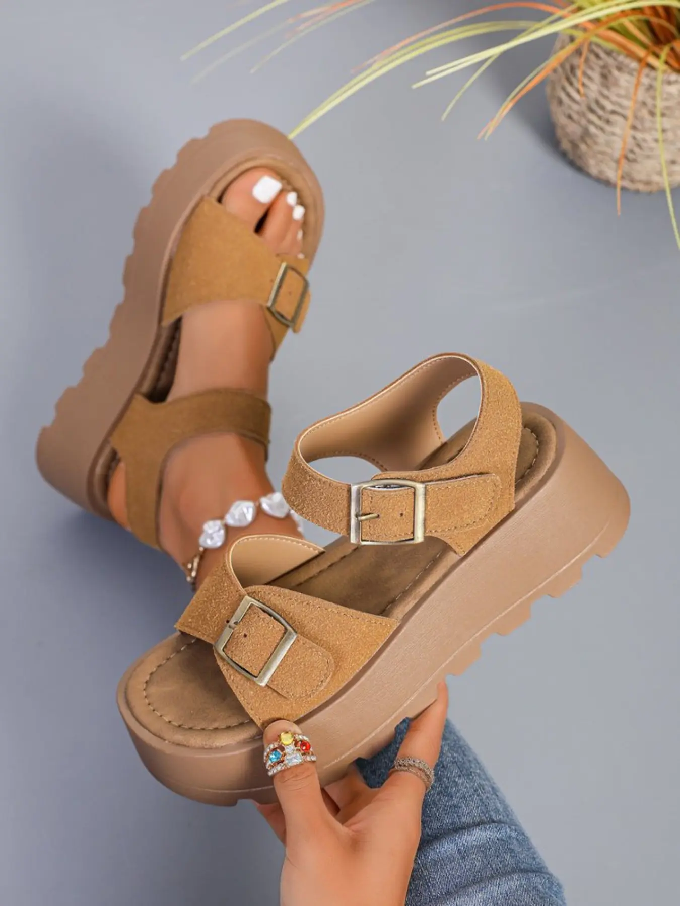 Women's Suede Platform Wedge Sandals, Adjustable Buckle Ankle Strap, Open Toe Chunky Sandals, Fashionable Casual Sandals, Comfortable Non-Slip Summer Beach Shoes, Wedges Heels Sandals, Buckle Design Sandals