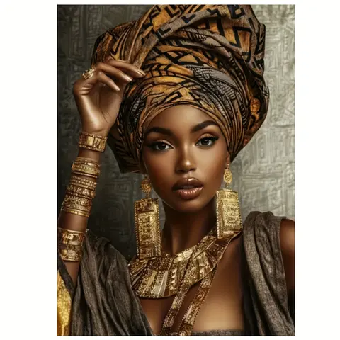 1pc 30x40cm(11.81x15.7in) African Woman Exquisite Headwear Portrait Full Round Diamond Painting Kit, Acrylic Base DIY Needlework Craft for Adults, Relax & Stress Off Home Office Decor Toy, Home Decor