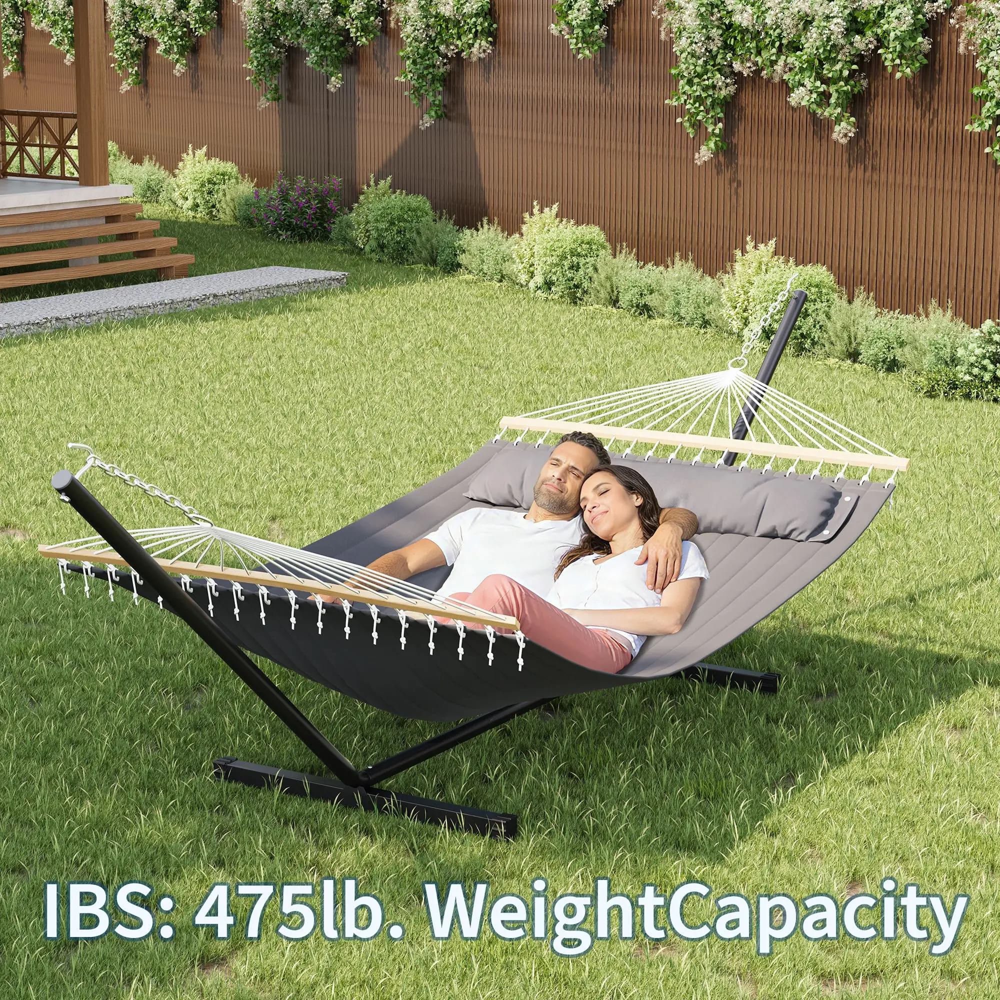 Freestanding Double Hammock with Sturdy Wood Stand - 2-Adult Capacity, 475lb Heavy-Duty Quilted Fabric, Portable Spacious Bed with Contour Pillow, 30% Thicker Hand-Braided Ropes, Assembly Required Patio Outdoor Furniture for Couples, Lawn Relaxation