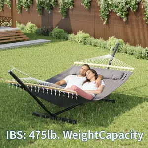 Double Hammock with Stand for 2 Adults – Heavy Duty, Portable, Quilted Fabric Hammock Bed – Freestanding Outdoor Patio, Garden, Yard, Lawn, or Camping – Spacious & Durable – Standard Version