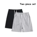 Men's 2-Piece Cotton Activewear Set - Above-the-Knee Shorts, Summer Casual Sports Style, Solid Color, Straight Loose Fit