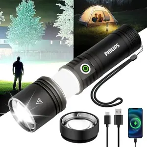 Philips Rechargeable LED Flashlight with Ignition Lens, High Lumens Flashlight, Five Modes, Outdoor Camping Emergency Flashlight - Black