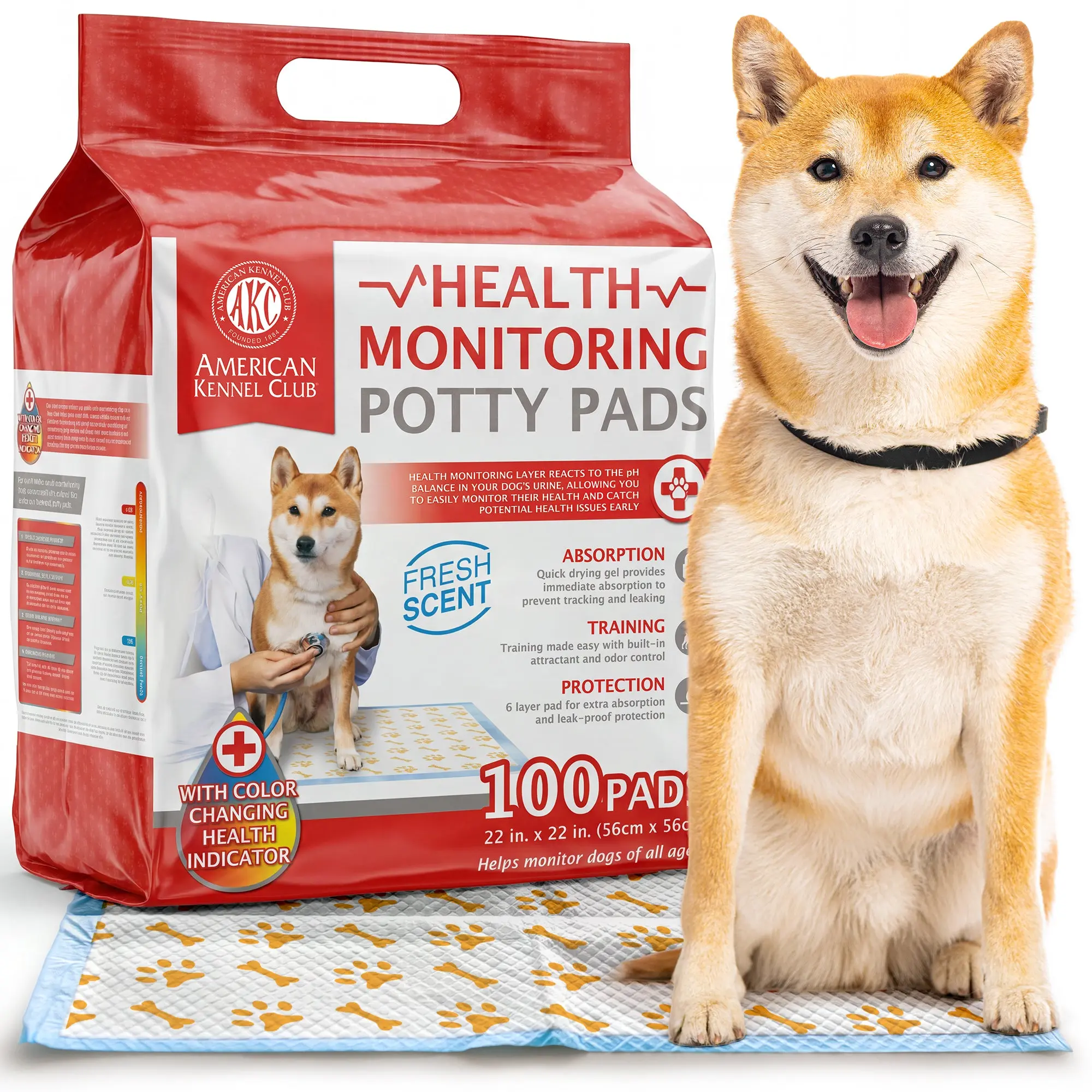 American Kennel Club Dog Training Pads with Health Monitoring Indicator, 100 Count, Leakproof, 22x22 in