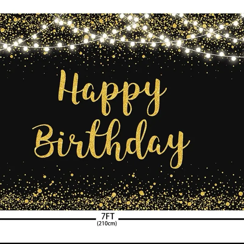 MEHOFOND Black and Gold Happy Birthday Backdrop with Golden Glitter Dots & Lights 7x5ft Photography Background for Women Men Kids Birthday Party Decorations Banner Cake Table Photo Studio Props