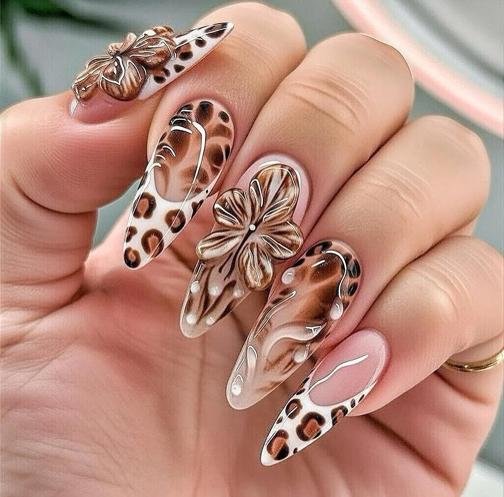 Brown Leopard Press on Nails, 3D Flower Stiletto Nails, Nude Animal Print Fake Nails, Handmade Long Acrylic Press Ons