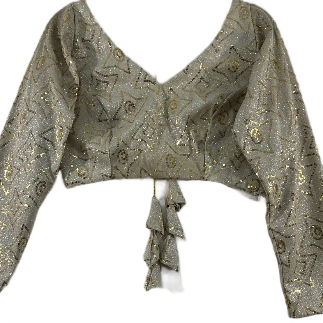 Trendy Women's Gold Sequined Work Over Silver Shimmer Fitted Blouse with Stylized Back Design, Matches a variety of Saree and Lehnga Choices.