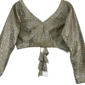 Trendy Women's Gold Sequined Work Over Silver Shimmer Fitted Blouse with Stylized Back Design, Matches a variety of Saree and Lehnga Choices.