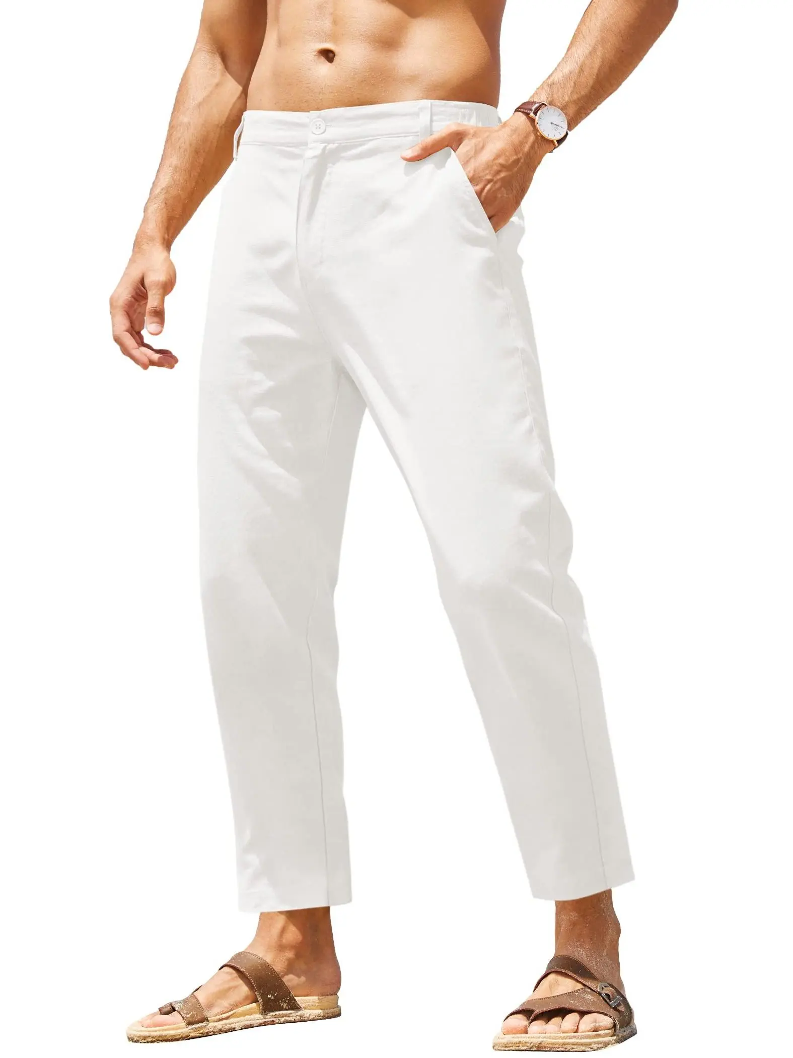 COOFANDY B Men's Cotton Linen Pants Elastic Waist Lightweight Casual Pants Relaxed Fit Yoga Beach Pants with Pockets COOFANDY B Men's Cotton Linen Pants Elastic Waist Lightweight Casual Pants Relaxed Fit Yoga Beach Pants with Pockets