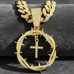 Iced Out Cross Pendant Necklace Moissanite 18K Gold Plated Miami Cuban Chain Hip Hop Jewelry Unisex Gift for Men Women