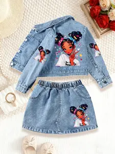 Girls' Denim Jacket & Mini Skirt Set, Cartoon Hand-Drawn Girl Design, Heart Patterns, Casual Spring & Fall
