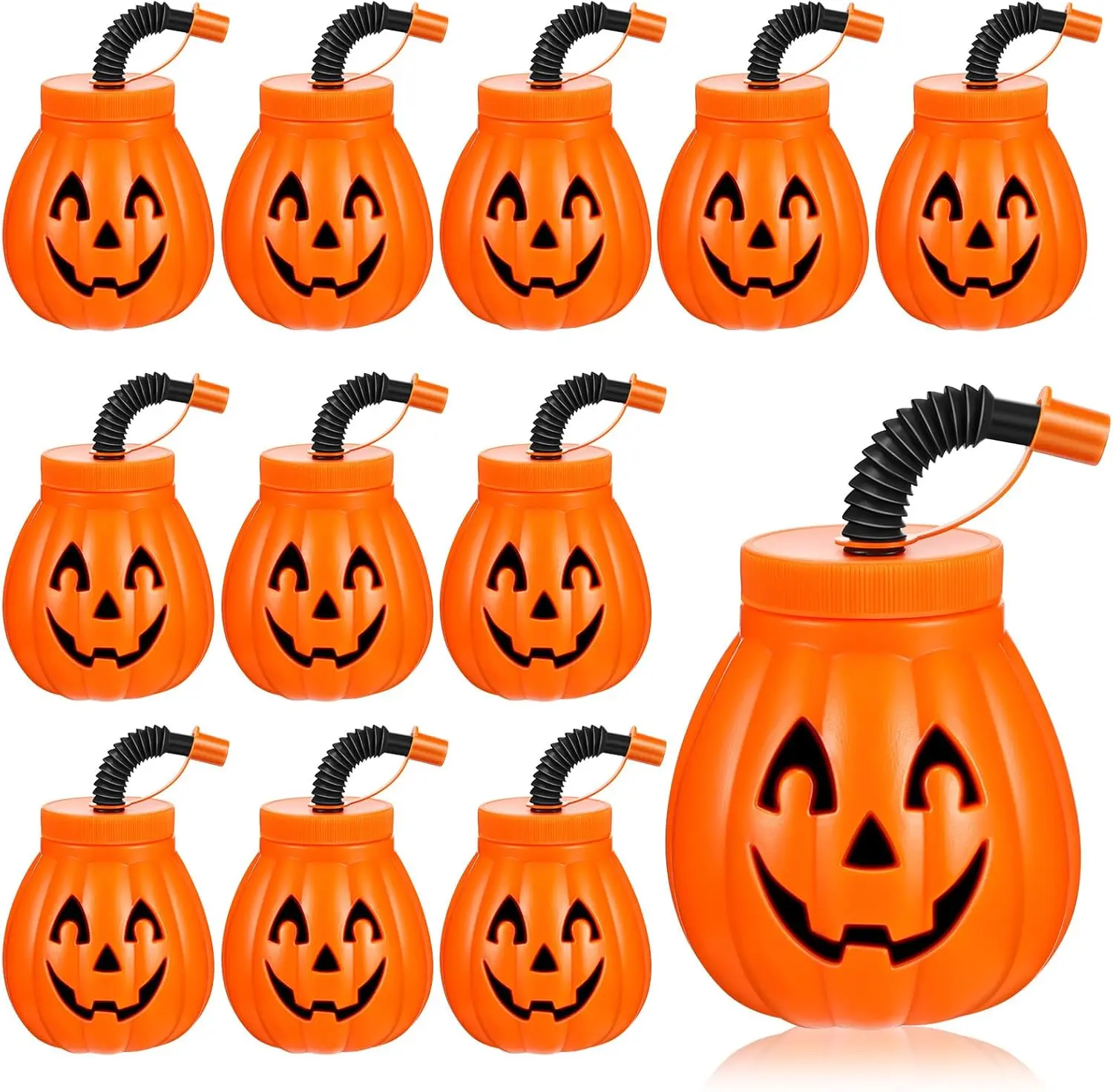 Summer Gift 12 Pack Halloween Cups Reusable Pumpkin Plastic Cups with Straw and Lids 12 Oz Orange Drinking Cups for Halloween Themed Birthday Party Pumpkin Decoration Gifts