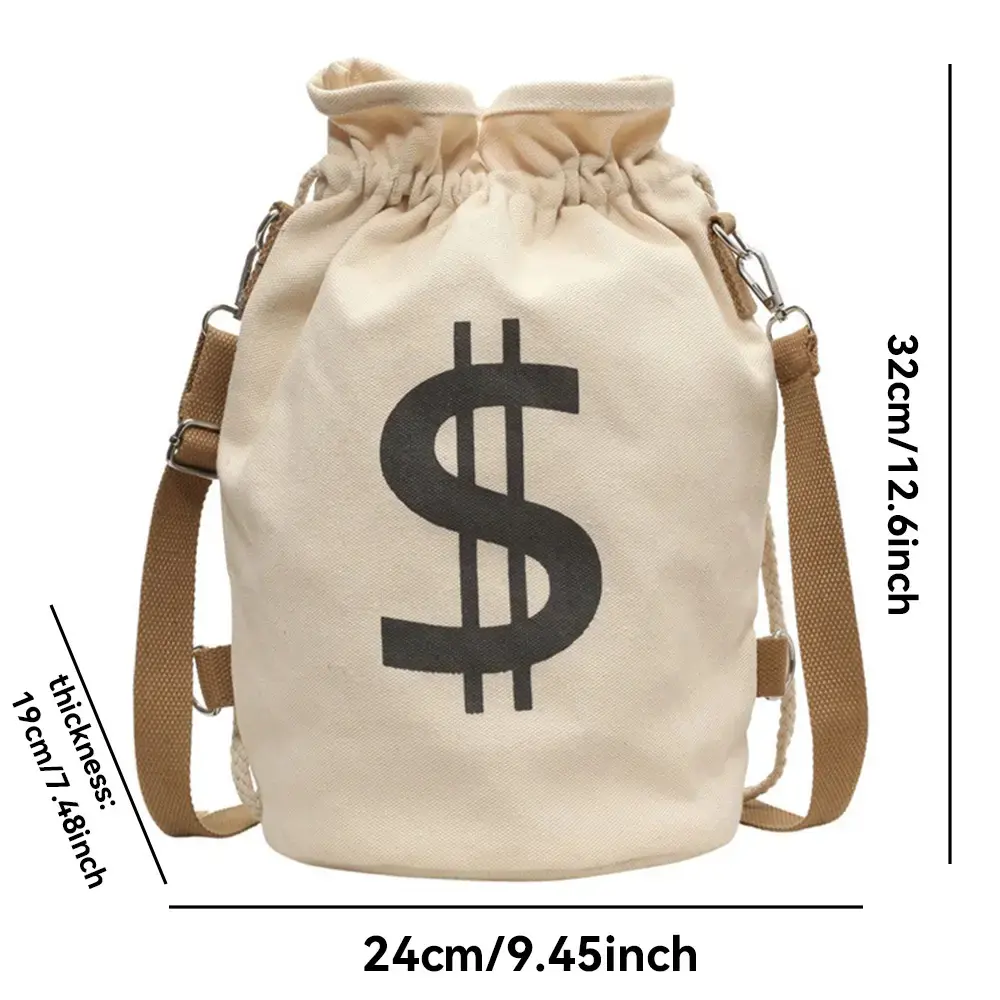 Y2K Dollar Print Canvas Bucket Drawstring Backpack, Adjustable Strap Outdoor Rucksack, Unisex for Teens & Young Adults, Lightweight Carry Sack for Hiking, Camping, Gym, City Walk & Campus