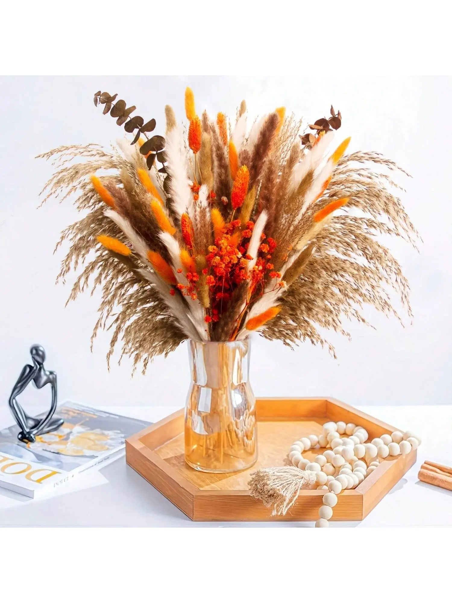 120pcs Dried Pampas Grass Bouquet, 17" Fall Boho Dried Flower Arrangement with Orange Bunny Tails, White Pampas, Baby’s Breath, Reed Grass & Eucalyptus for Rustic Wedding Centerpieces, Home Table Decor