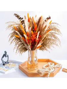 120pcs Dried Pampas Grass Bouquet, 17" Fall Boho Dried Flower Arrangement with Orange Bunny Tails, White Pampas, Baby’s Breath, Reed Grass & Eucalyptus for Rustic Wedding Centerpieces, Home Table Decor