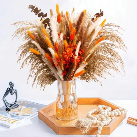 120pcs Decorative Dried Pampas Grass Bouquet, 17in Fall Farmhouse Floral Arrangement with Orange Bunny Tails, White Pampas, Baby’s Breath, Reed Grass, Eucalyptus - Gift Home Decor Items for Entryway, Rustic Weddings